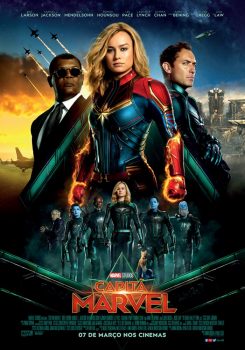 Cartaz do filme "Capitã Marvel" (2019), com Brie Larson, Samuel L. Jackson e Jude Law
